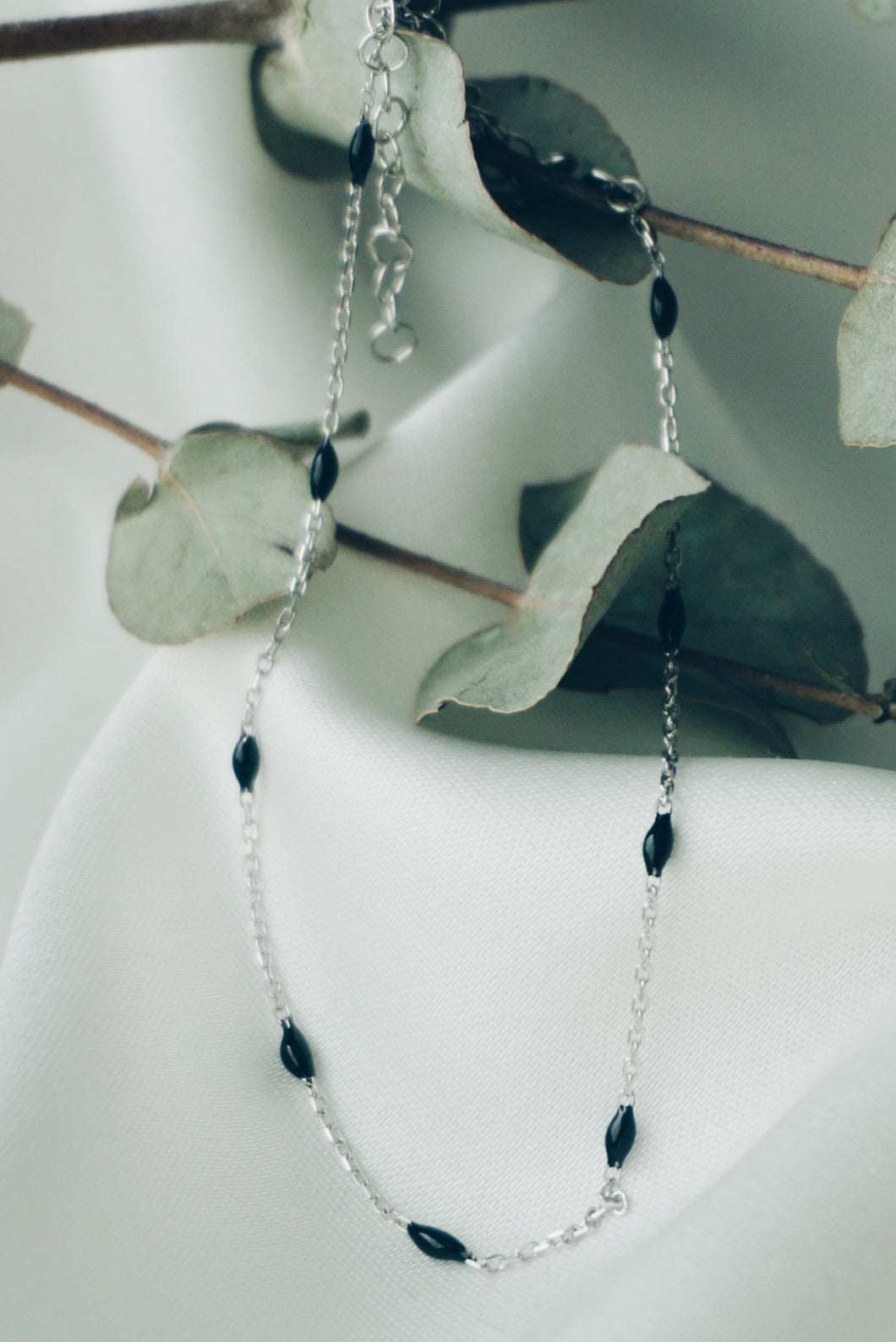 Silver black bead chain ankle bracelet