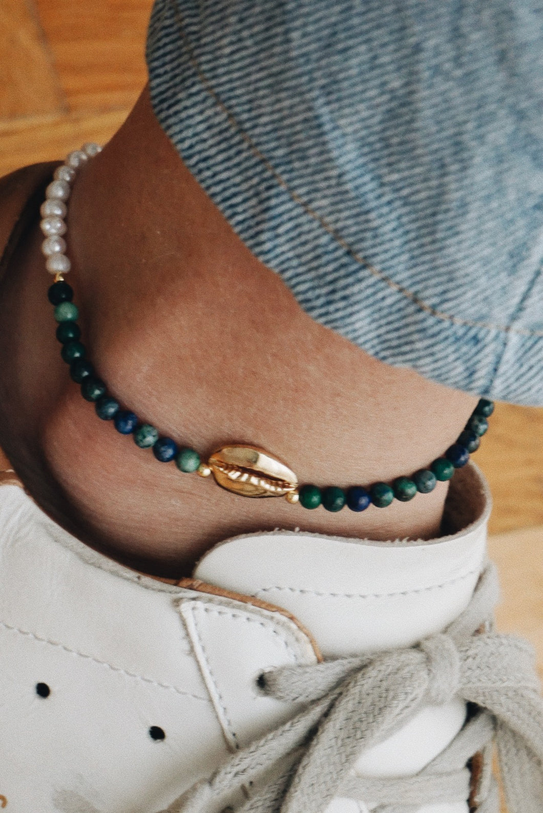 Chrysocolla shell ankle bracelet