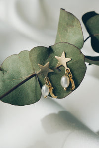 Star moon pearl earrings