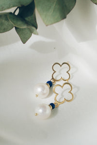 Lapis pearl clover earrings